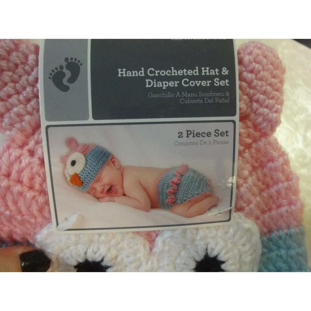 Hand crochet OWL 2 piece hat and diaper‎ cover infant 0-9M baby set NWT